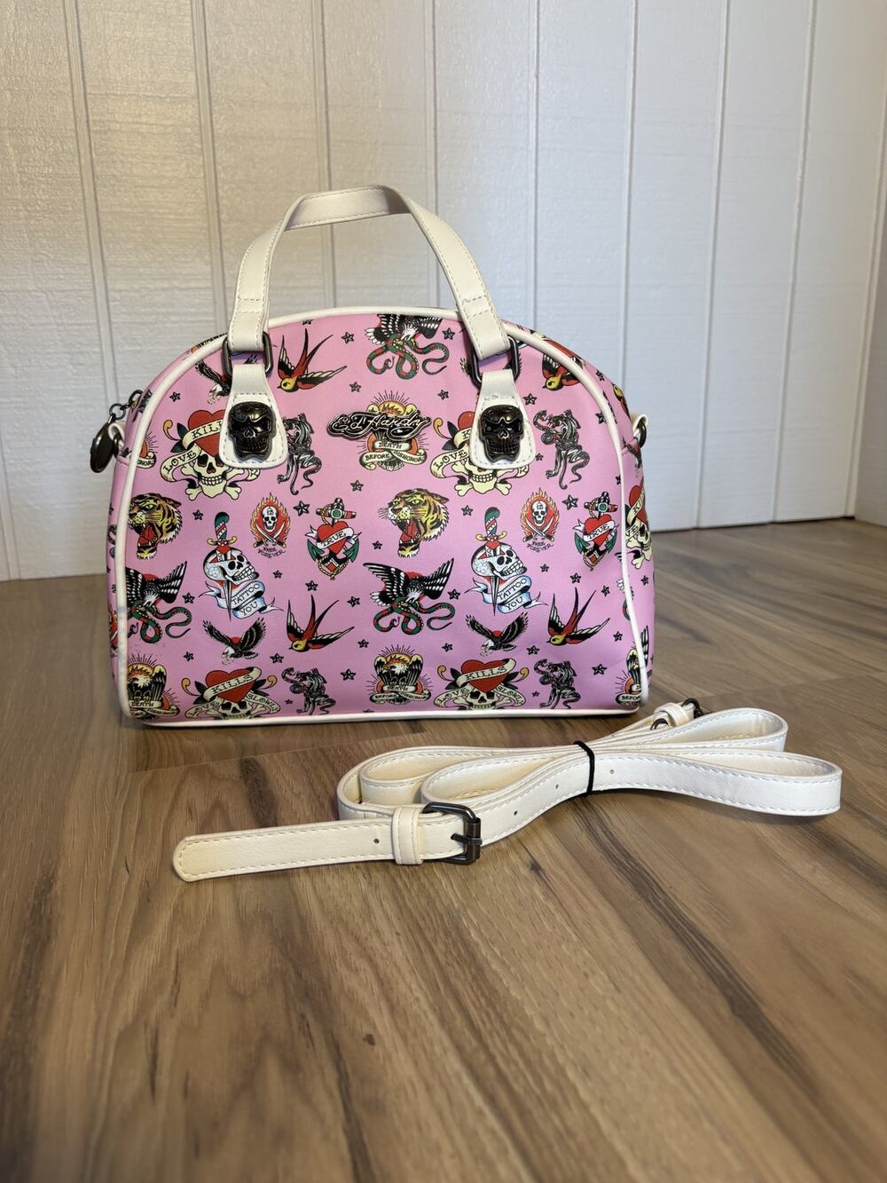 Ed Hardy Weekender Bag Pink Tattoo Skull Vegan Crossbody Handbag